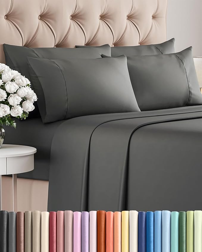 Full 6 Piece Sheet Set - Comfy, Breathable & Cooling - Hotel Luxury Bedding for Women, Men, Kids, Teens and Children - 1 Flat & 1 Fitted Sheet & 4 Pillowcases w/ Deep Pockets - Wrinkle Free - Charcoal