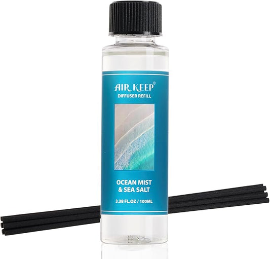 Airkeep Reed Diffuser Set,1.69 fl oz (100 ml) - Ocean Mist&Sea Salt Oil Diffusers with 8 Reed Sticks,Home Fragrance Reed Diffuser for Bathroom Shelf Decor