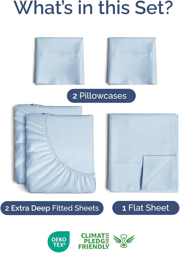 Extra Deep Split King Sheet Set - 5 Piece Breathable & Cooling Bed Sheets - Easily Fits 18 to 24 inch Mattress - Ultra Soft, Wrinkle & Fade Free w/ Extra Deep Pockets - Hotel Luxury Bedding - Sky Blue