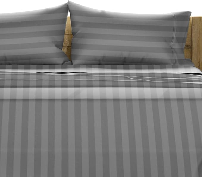 TEXAS LINEN CO. 100% Egyptian Cotton Sheets California King Size - Luxury 1500 Series Couture Comfortin' Damask Cal King Sheet Set Egyptian Cotton, (4 PC, Dark Grey Stripe), 17" Deep Pocket Bedsheet