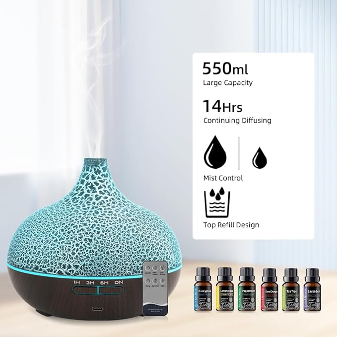 Aromatherapy Diffuser & 6 Essential Oils Set, 400ml Diffuser Ultrasonic Diffuser Cool Mist Humidifier with 4 Timers 7 Colors Light Waterless Auto Off for Large Room Office