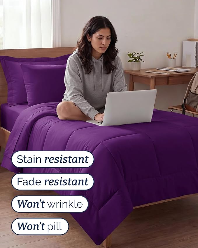 Twin XL Comforter Set - 5 Piece Bed in a Bag Twin XL Size Bed Set - Down Alternative Comforter, Flat Sheet, Fitted Sheet, Pillowcase & Sham for All Seasons - Ultra Soft, Comfy & Breathable - Purple