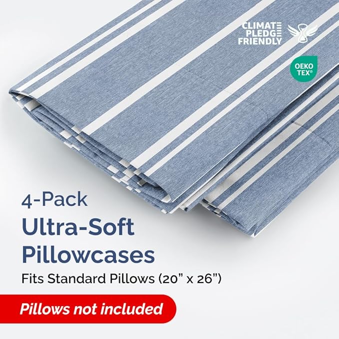 Standard Pillow Cases Set of 4 - Soft Hotel Quality Pillowcase Covers - Comfy, Cozy Bedding for Women, Men, Kids & Teens - Machine Washable Pillow Protectors - 4 Piece - Standard Size Blue Stripes