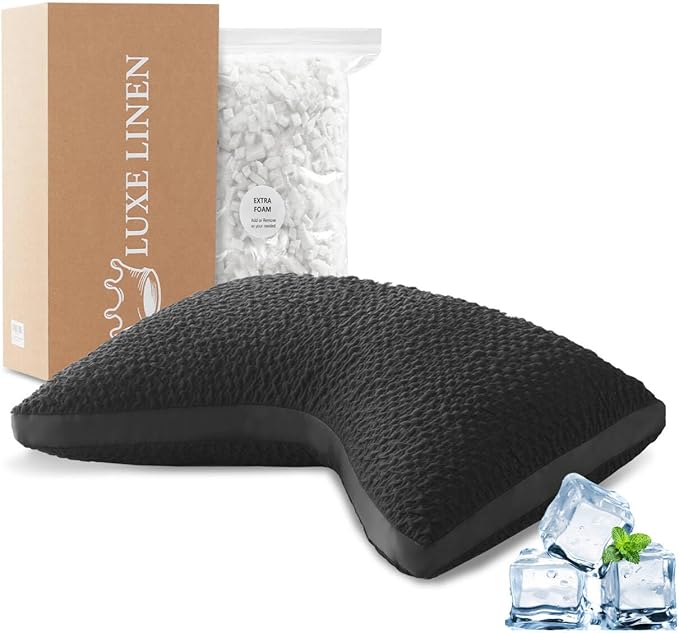 Side Sleeper Pillow for Adults, Adjustable Shredded Memory Foam for Neck and Shoulder Pain, Curved Cooling Gusseted Bed Pillows for Hot Sleepers, Washable Cover & Extra Foam Bag, Black Standard Size