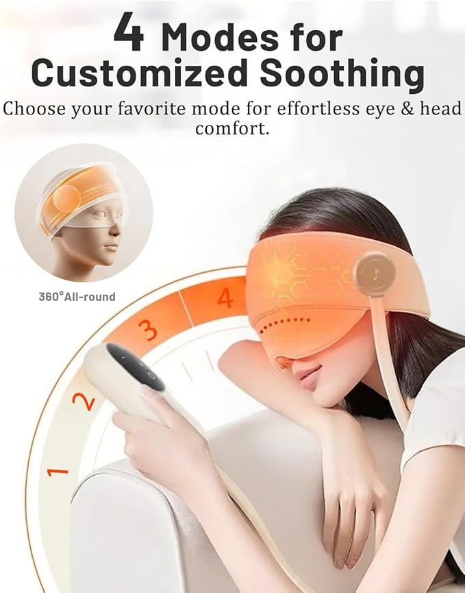 Sleep Mask with Heat,4 Modes 3 Temperature Settings,6 Airbags Compression Head and Eye Massager,Eye Care Device with Remote Control, Portable Relaxation for Home Travel Office Use (Creamy White)