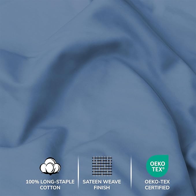 Feather & Stitch 500 TC Split King Size 5pc Damask Bed Sheet Set,100% Soft Cotton Breathable Bedsheets, 18" Deep Pockets Sateen Weave Solid Bedding Mattress - (Mist Blue)