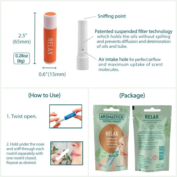 Aromatherapy Nasal Inhaler [Swiss Made] Organic Essential Oils Set Diffuser [ Portable Aromatherapy Stick] (1 Stick, Focus) (3 Count (Pack of 1), 3pcs Stress Relieving Pack (Relax, Balance, Calm))