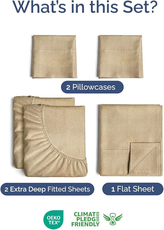 Extra Deep Split King Sheet Set - 5 Piece Breathable & Cooling Bed Sheets - Easily Fits 18 to 24 inch Mattress - Soft, Wrinkle & Fade Free w/ Extra Deep Pockets - Hotel Luxury Bedding - Heathered Tan