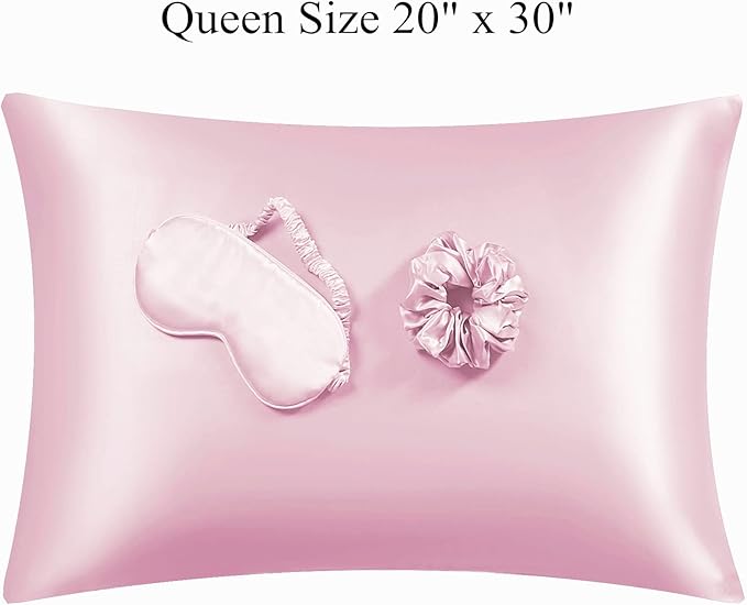 Satin Pillowcase for Hair and Skin, Vegan Silk Pillowcase Set-2 Pink Satin Pillowcases, 1 Eye Mask, 1 Scrunchie-Luxury Sleep Set, Silky Satin Pillow Cases Queen Size with Envelope Closure