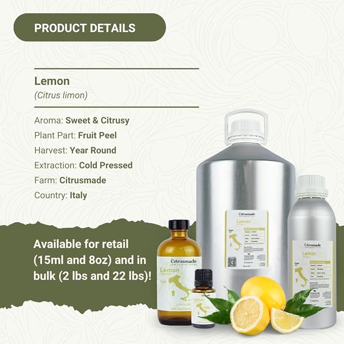 Lemon Essential Oil - Direct from Citrusmade Southern Italy - Cold Pressed - Aceite de Limón for Aromatherapy, Massage, Diffuser, DIY Candle and Soap Making - 2lbs