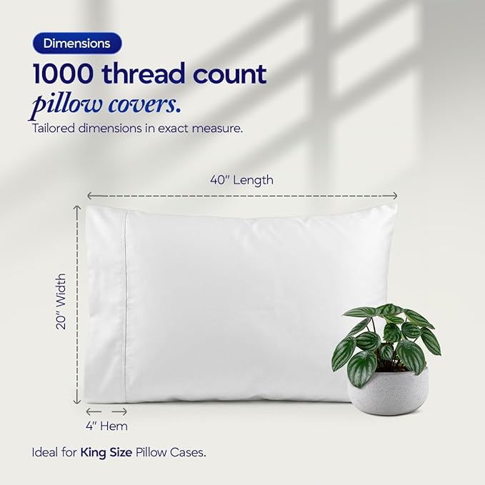 1000 TC Pillowcases Set of 4 100% Egyptian Cotton Pillow Cases with Long Staple Cotton & Sateen Weave, Silky Soft Hotel Like Bed Pillow Covers, Snug Fit (White, 2 Pc King)