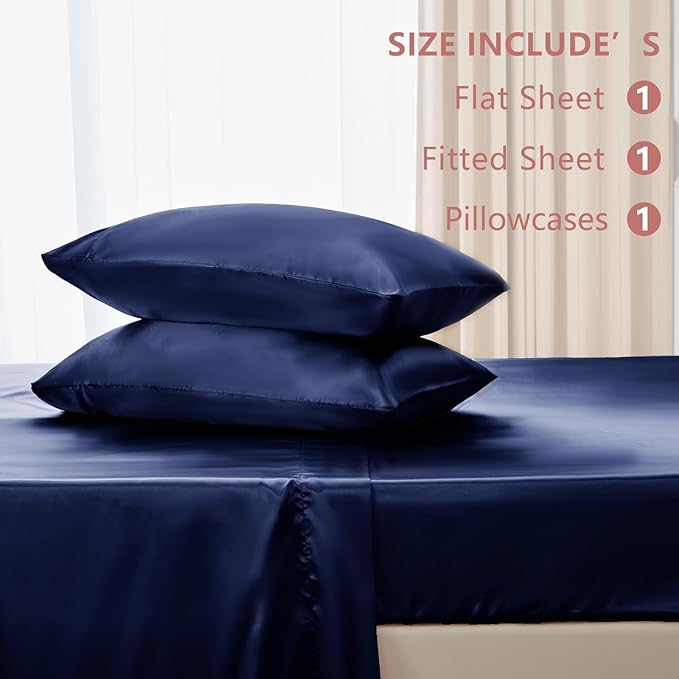 CozyLux Satin Sheets Twin Sheet Set - 3 Piece Silky Twin Bed Sheets, Luxury Navy Blue Sheet Twin Size Bed Set with Smooth and Soft Microfiber, Includes 1 Fitted Sheet, 1 Flat Sheet and 1 Pillowcase