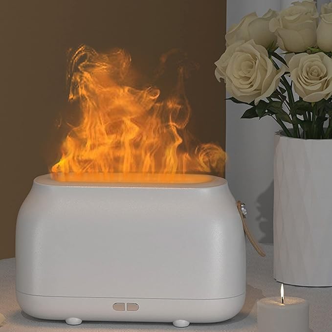 180ml Flame Humidifier Diffuser, USB Mist Humidifier with Realistic Flame Light Effect, Dual Mode Gradient Lighting, Ultra Quiet Operation for Bedroom Office Living Room Car, White