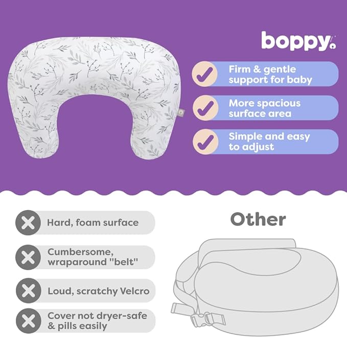 Boppy Nursing Pillow - Firm, Ergonomic U-Shaped Bottle and Breastfeeding Pillow with High Lift for Comfort and Support, Spacious Surface - Gray Gentle Leaves