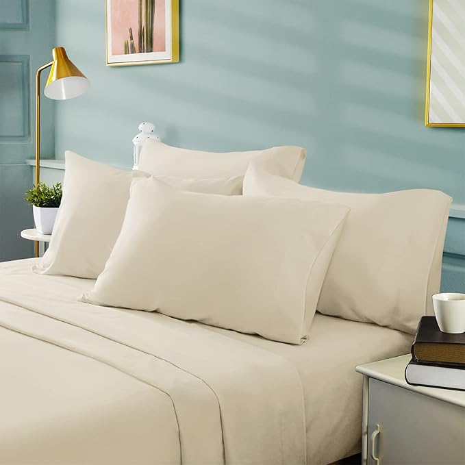 BYSURE 6 Pieces Bed Sheets Set(King, Cream/Beige) - Hotel Luxury Super Soft 1800 Thread Count 100% Microfiber Sheets with Deep Pockets, Wrinkle & Fade Resistant