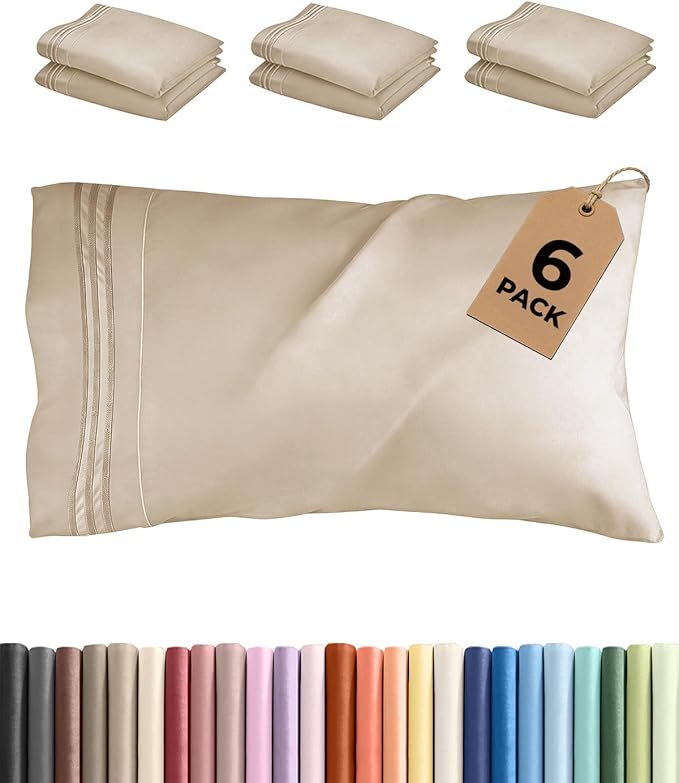 Queen Pillow Cases Set of 6 - Ultra Soft Hotel Quality Pillowcase Covers - Comfy & Wrinkle Free - Shrink, Stain and Fade Resistant - Easy-Care, Machine Washable Pillow Protectors - 6 Pcs Set - Wheat