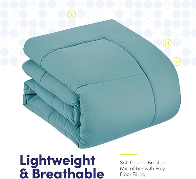 Sweet Home Collection 7 Piece Comforter Set Bag Solid Color All Season Soft Down Alternative Blanket & Luxurious Microfiber Bed Sheets, Misty Blue, Full
