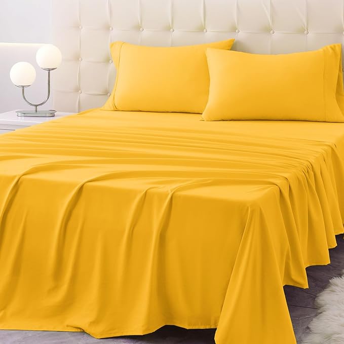 Twin Size Bed Sheet Set - 3 Piece Soft Microfiber Sheets with Deep Pockets, Cooling Technology, and Wrinkle-Free Pillowcase. Hotel-Quality, Durable Bedding, Spectra Yellow