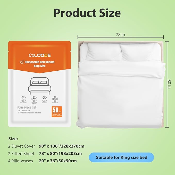 2 Pack Disposable Bed Sheets Fitted Sheet King Size, Disposable Travel Sheet for Hotel with Quilt Cover and Pillowcase, Disposable Bedding Travel Bedding Disposable Sheets for Travel Hotel Hospital