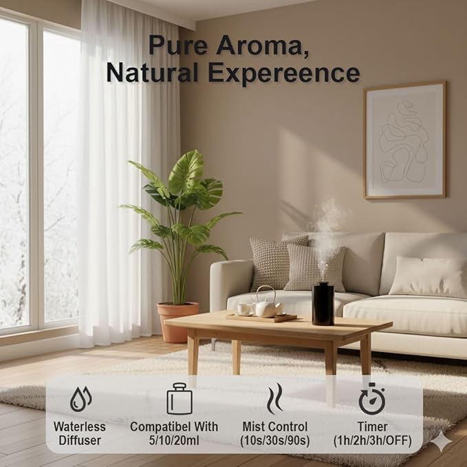 Waterless Essential Oil Diffuser with 20ml Capacity, Cordless Diffusers with 3 Mist Levels & Timers for Home Car Office