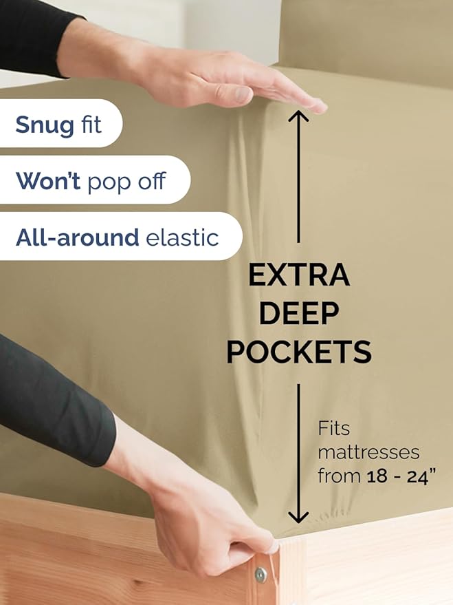 Extra Deep Split King Sheet Set - 5 Piece Breathable & Cooling Bed Sheets - Easily Fits 18 to 24 inch Mattress - Ultra Soft, Wrinkle & Fade Free w/ Extra Deep Pockets - Hotel Luxury Bedding - Beige