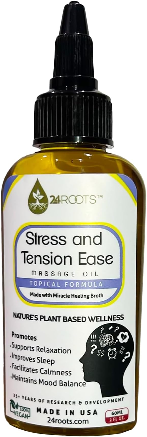 Plant Based Stress and Tension Ease Massage Oil - Supports Relaxation, Helps with Sleep, Aids in Calmness, and Helps Mood Balance - 24+ AYURVEDIC Herbs - 100% Vegan (2 Fl Oz/60 ML)