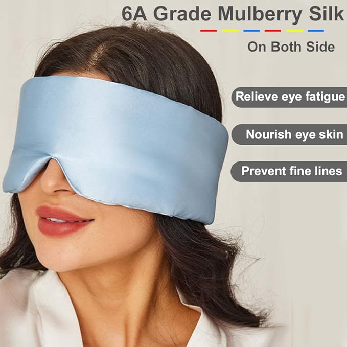 100% Mulberry Silk Eye Mask Blackout Sleeping Eye Cover for Night Sleep and Travel Nap,Soft Adjustable Eyeshade, Comfortable Organic Blindfold for Women Men,Large Size, Black (Black)