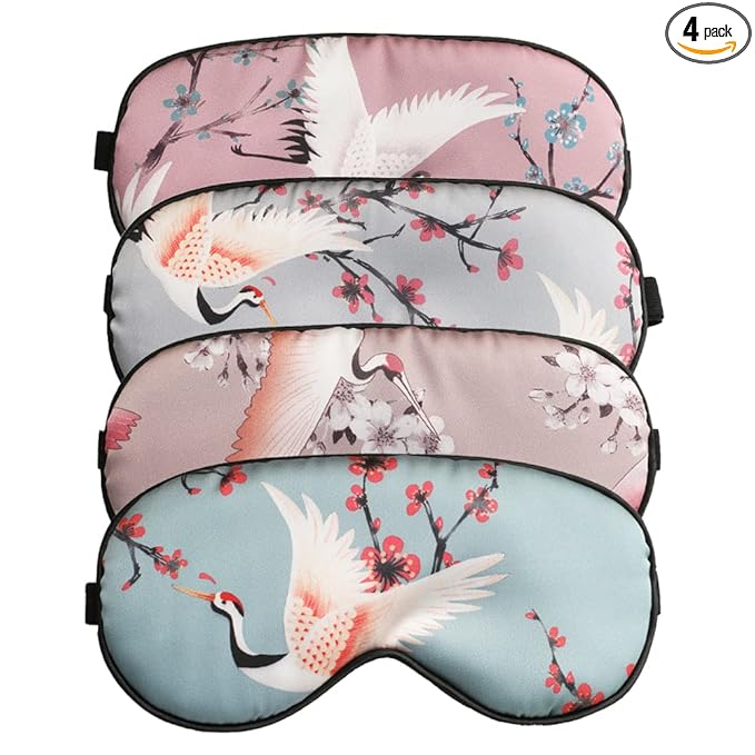4-Pack Silk Satin Eye Mask Classic Painting Arts Sleep Mask Blindfold for Nap Travelling Party Trational Flowers and Birds Art_4pcs