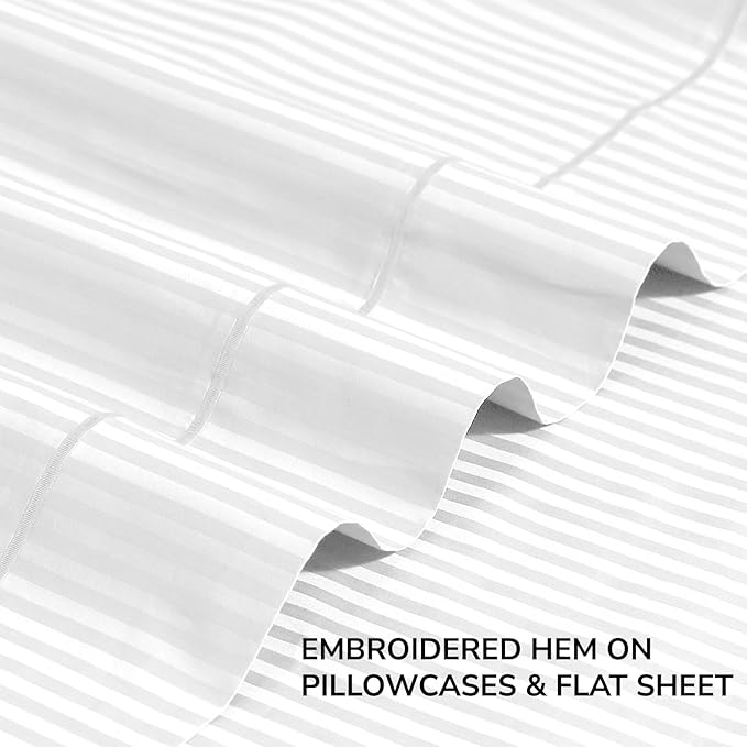 Feather & Stitch 500 TC Full Size Damask Bed Sheet Set, 100% Cotton Soft Breathable Bedsheets, 4 Piece 18" Deep Pockets Sateen Weave Striped Bedding Mattress Resort Hotel Luxury- (White Stripe)