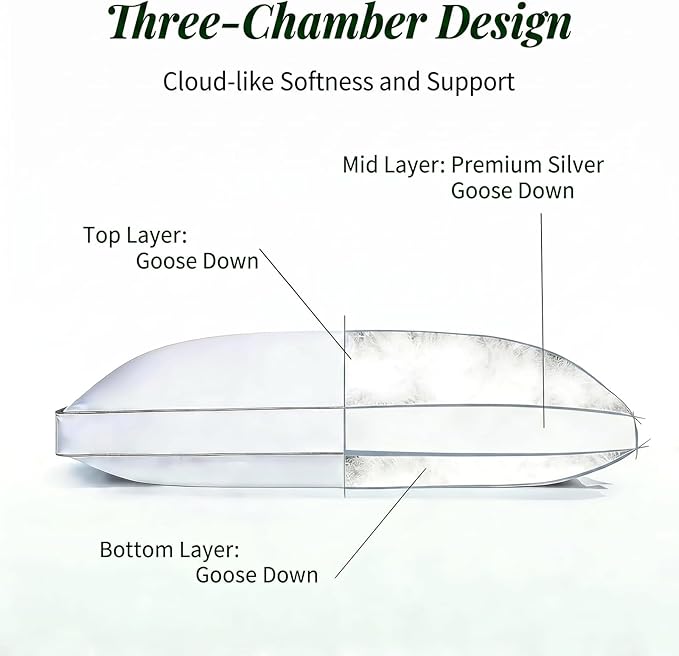 Goose Down Pillow, King Size Set of 1 with 3-Layer Design, Hotel Down Bed Pillow for Side, Back, and Stomach Sleepers, Soft 600 Thread Count Cotton Cover–Luxury Hotel Pillows Quality(19" x 35")