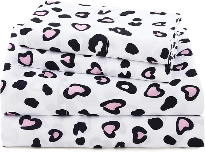 Queen Bed Sheets Set, Leopard 4-Piece Brushed Microfiber Sheets, Cooling Bed Sheet Set, Soft & Breathable, 16' Deep Pocket Fitted Sheet & Pillowcase Set, Pink Hearts Leopard