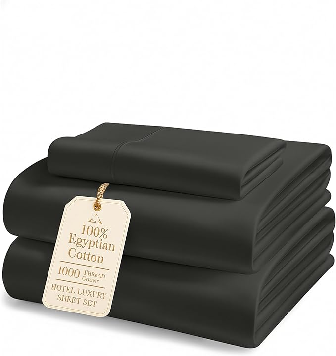 LANE LINEN 100% Egyptian Cotton Extra Long Twin Sheets - 1000 Thread Count, Long Staple Mercerized Cotton No Pill Fade Resistant Silky Sateen Weave for Soft & Comfy Good Night Sleep- Black
