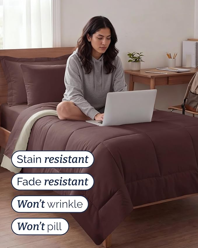 Twin XL Comforter Set - 5 Piece Bed in a Bag Twin XL Size Bed Set - Down Alternative Comforter, Flat Sheet, Fitted Sheet, Pillowcase & Sham for All Seasons - Soft, Comfy and Breathable - Brown/Beige