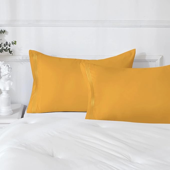 YIYEA Pillow Cases Standard Size Set of 4, Ultra Soft 1800TC Hotel Quality Double Brushed Microfiber Embroidered Pillowcases, Envelope Closure, Fade Resistant (20"x26", Yellow)