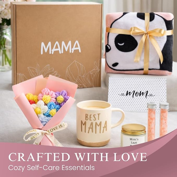 Mother's Day Gifts for Mom – 8 Piece Self Care Spa Gift Set with Cozy Blanket, Mama Mug, Candle & Bath Bombs – Birthday Gift Basket for Women from Daughter Son, Mommy Gift Box