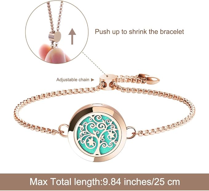 ttstar Essential Oil Diffuser Bracelet Stainless Steel Aromatherapy Locket Adjustable Bracelet Set with 24 Refill Pads in 12 Assorted Colors, Gifts Set for Women(Rose Gold)
