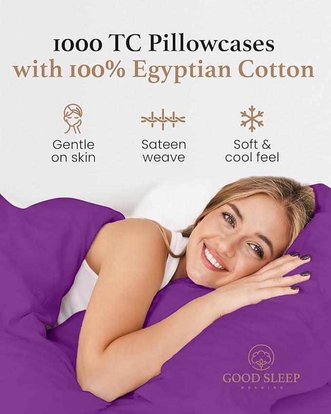 1000 TC Purple King Pillowcases Set of 2 100% Egyptian Cotton Pillow Cases with Long Staple Cotton & Sateen Weave, Silky Soft Hotel - Like Bed Pillow Covers for Comfy Sleeping, Snug Fit