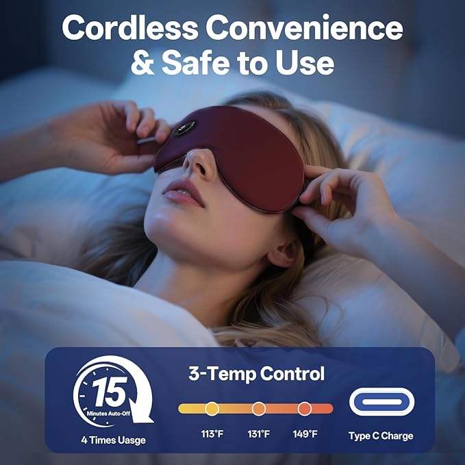 Silk Cordless Heated Eye Mask for Dry Eyes, Cordless Eye Mask Electric Warm Compress for Fast Eye Relief Rechargeable USB Heat Relax Mask for Sleep Red