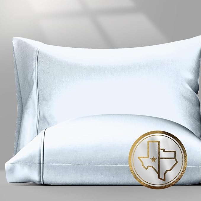TEXAS LINEN CO. 100% Egyptian Cotton Pillow Cases King Size Set of 2 - Luxury 1500 Series Couture Comfortin' Collection Sateen Pillow Covers (Light Blue), Hotel Pillowcases, Fits King Size Pillows