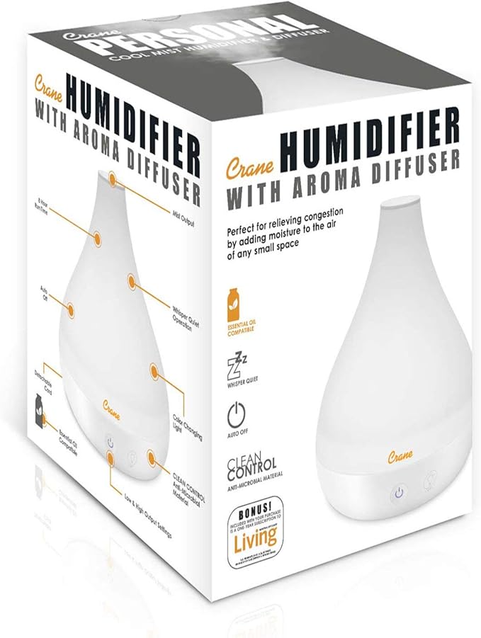 Crane Personal Ultrasonic Cool Mist Humidifier and Aroma Therapy Diffuser, Optional Color Changing Nightlight Included, for Home, Hotels, and Office, 0.35 Gallon – 1.5 Liter, White (Pack of 2)