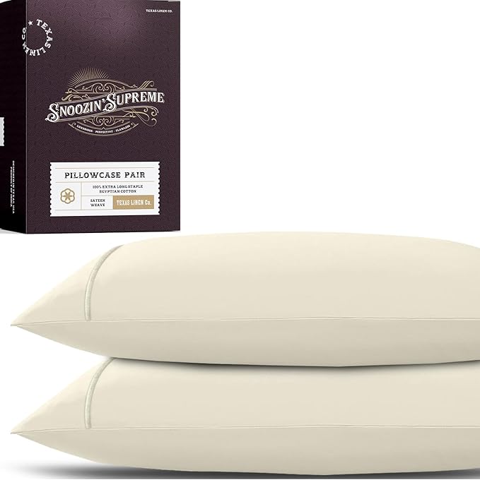 TEXAS LINEN CO. 100% Egyptian Cotton Pillowcases Queen Size Set of 2 - Luxury Snoozin' Supreme Collection 2000 Series Standard/Queen Pillow Cases, Envelope Closure Hotel Pillowcase (21 x 32, Ivory)