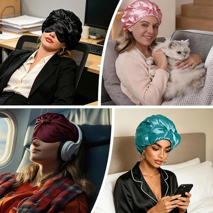 2-in-1 Satin Sleep Bonnet with Eye Mask for Women –Silk-Lined Hair Bonnet for Sleeping, Adjustable, Anti-Frizz for Curly Hair