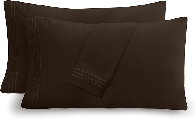 Mocassi 2-Piece Premium King Pillowcase Set 1800 Series Hotel Quality Microfiber - Soft and Breathable with 3-Line Embroidery Wrinkle and Stain Resistant, Easy Care, 20" x 40", Brown