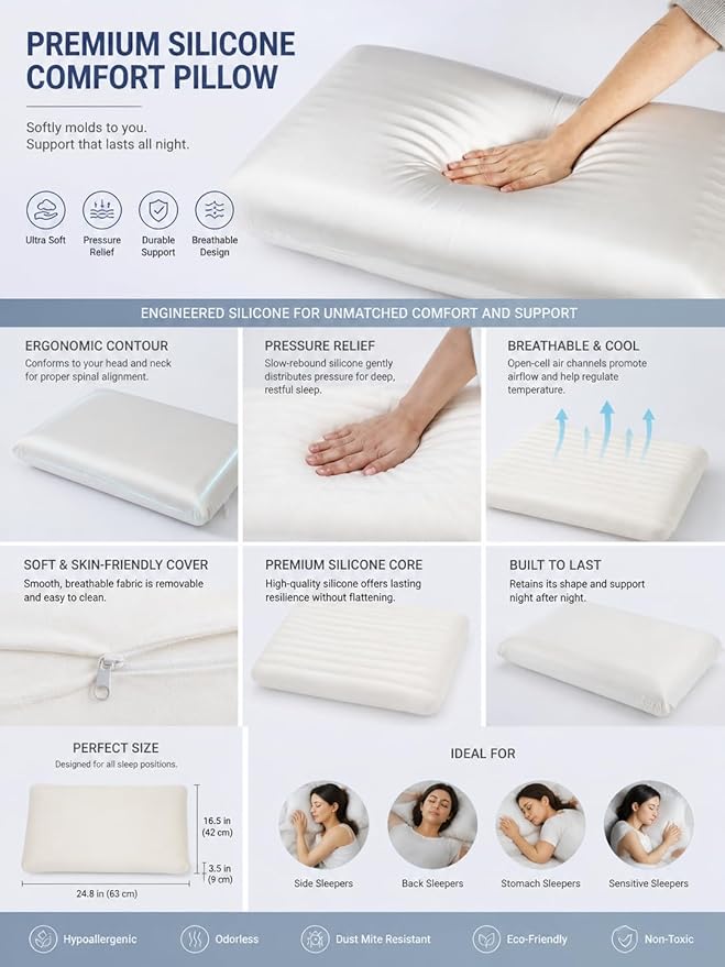 Wave Silicone Pillow, Ergonomic Wave Design for Neck & Shoulder Support, Cooling Breathable Bed Pillow, (Queen (U.S. Standard) Size, (Wave Pillow))