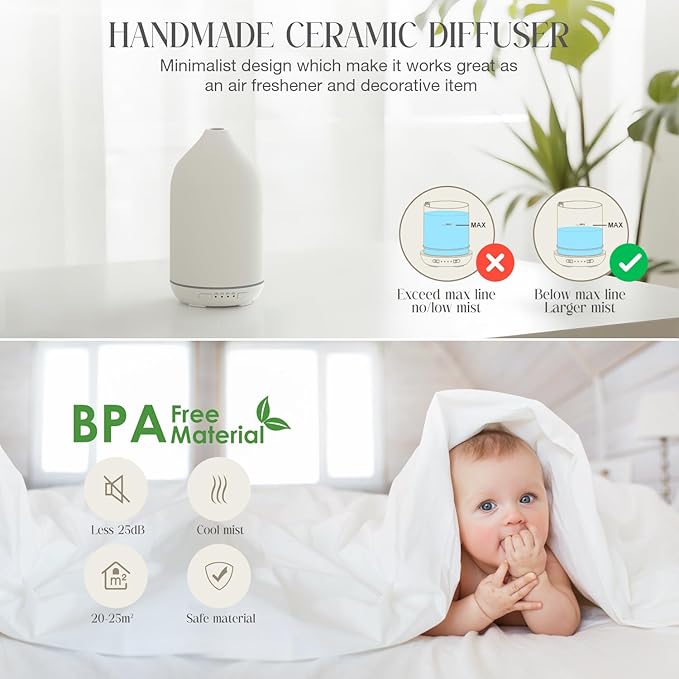 SALKING 200ml Ceramic Essential Oil Diffuser, Stone Diffusers for Essential Oils, Ultrasonic Aromatherapy Diffusers with with 7-Color LED Lights Timers, for Office Bedroom Home (White)