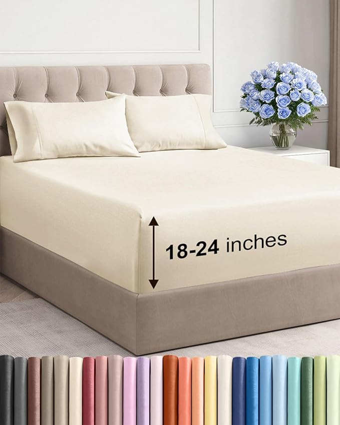 Extra Deep Queen Sheet Set - 4 Piece Breathable & Cooling Bed Sheets - Easily Fits 18 to 24 inch Mattress - Ultra Soft, Wrinkle & Fade Free with Extra Deep Pockets - Hotel Luxury Bedding - Off White