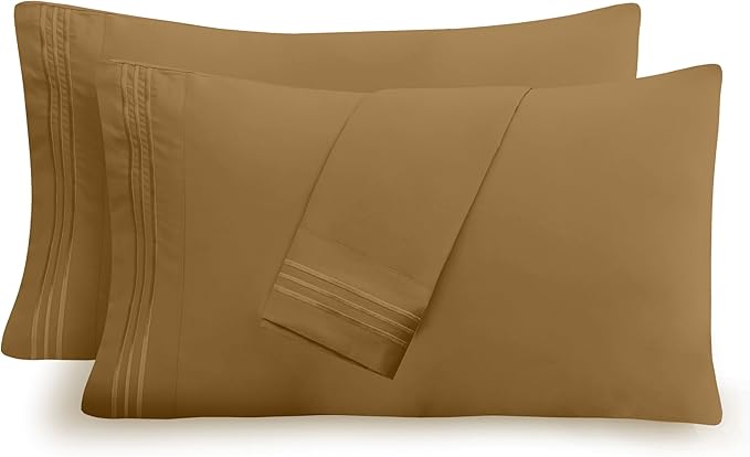 Mocassi 2-Piece Premium King Pillowcase Set 1800 Series Hotel Quality Microfiber - Soft and Breathable with 3-Line Embroidery Wrinkle and Stain Resistant, Easy Care, 20" x 40", Bronze