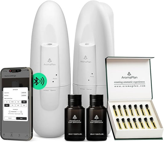 AromaPlan 5 Star Collection Plug in Diffuser (Fragrance+Sample Set Included)-Cold Air & Waterless Diffusers for Home & Office- Silent Wall Diffuser Plug in,Bluetooth App Control, 1000 sq.ft -2 Devices