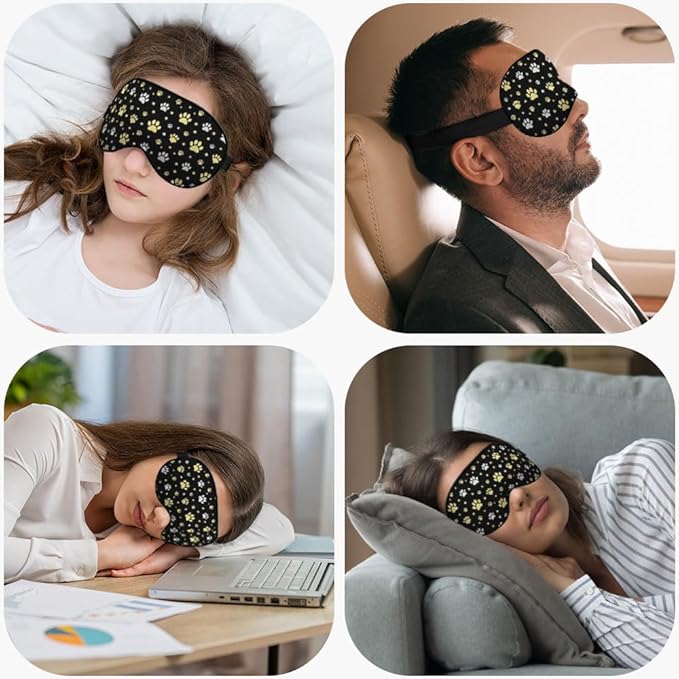 Dog Paw Sleep Eye Mask Eye Cover Gold Animal Paw Print Star Black Silk Eye Mask for Sleeping with Adjustable Strap for Travel Nap Shift Work Office