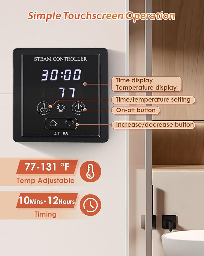 Steam Shower Generator Kit 10.5KW for Bath Sauna SPA, Self-draining System, Aromatherapy Steam Head, LED Touchscreen Controller, 12-Hour Timer 77-131℉ For Home Commercial Use